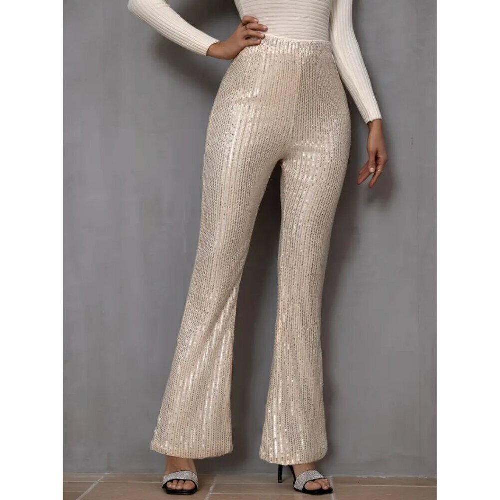 House of Harlow 1960 Sequin Flare Pants XS Champagne Metallic Glam Showgirl
